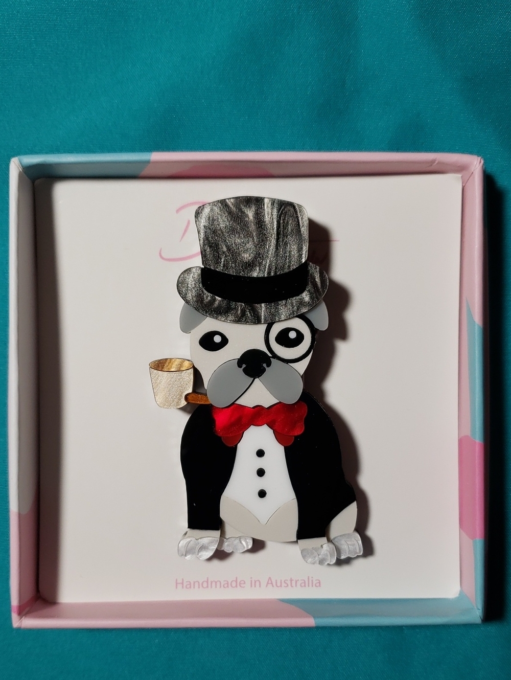 Deer Arrow Dapper Dog Brooch. Dog with top hat and pipe. monocle.